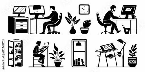 Illustrations of various activities and professions in a modern office environment Vector