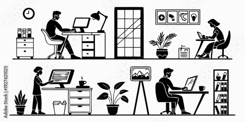 Illustration of diverse people engaging in various office activities and tasks Vector