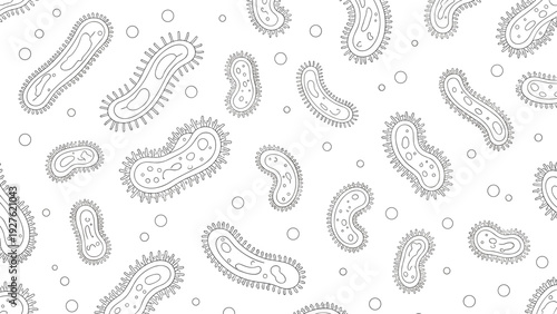 Black and white line art pattern of various bacteria shapes and small circles representing a microscopic view for science.