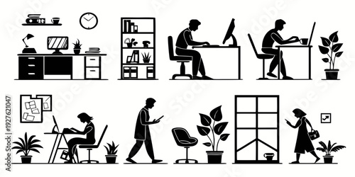 Diverse individuals engaging in various activities in a modern office environment Vector