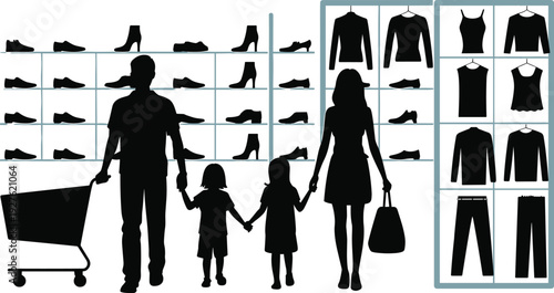 Family shopping silhouette vector with parents and children in retail store, clothing and footwear display background, lifestyle illustration for consumer behavior and mall activity design