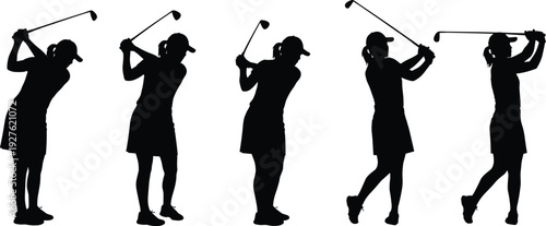 Female golfer swing sequence silhouette vector set showing different motion phases, sports action illustration for golf training, fitness design, and athletic performance concepts
