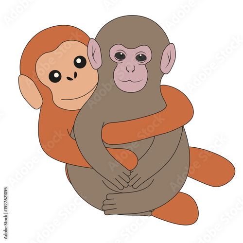 Very lonely monkey hugs with her mother. Punch monkey vector illustration isolated transparent background. Editable stroke. EPS 10