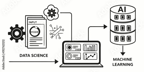 Data science and artificial intelligence working together to improve machine learning Vector