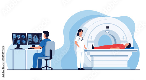 MRI Scan Procedure in Hospital Radiology Department with Doctor, Technician and Patient Undergoing Magnetic Resonance Imaging Vector Illustration