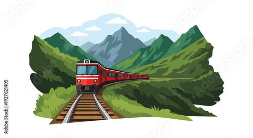 A red train travels along a winding track through mountainous terrain