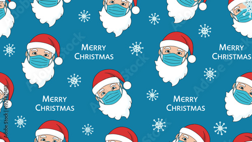 Seamless pattern with Santa Claus heads wearing medical face masks and snowflakes with merry christmas text for holidays.
