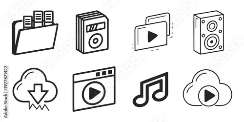 Assorted icons representing various types of media and entertainment options. Vector