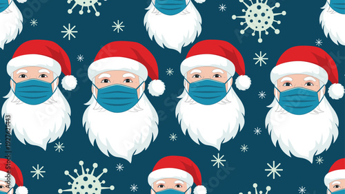 Festive seamless pattern showing multiple heads of Santa Claus wearing surgical masks and snowflakes on a blue background.