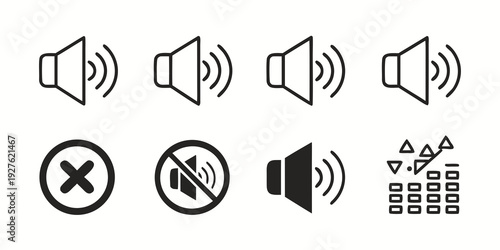 Icons representing various sound and audio-related concepts and functions. Vector