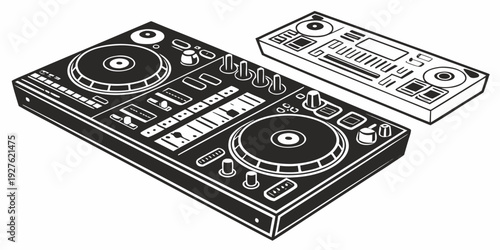 Modern black and white dj equipment with turntables and mixer. Vector