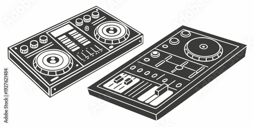 A pair of black and silver flip phones with unique designs and patterns. Vector