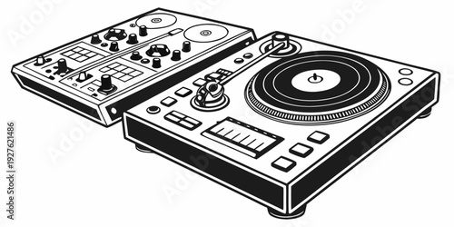 Vintage turntable and mixer setup on a wooden surface with cables Vector