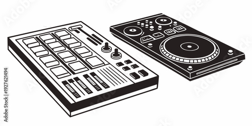 A close-up view of a black and white keyboard and a black turntable Vector