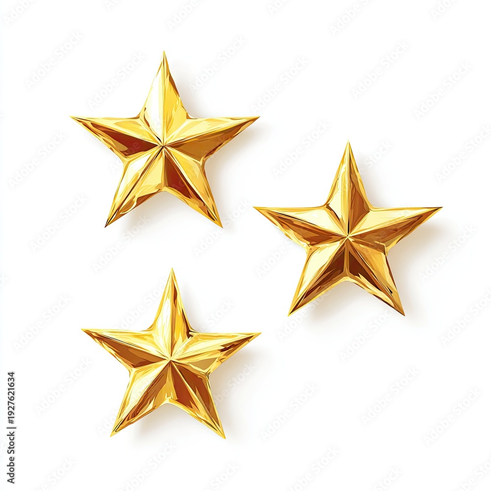 Fototapeta premium Three golden, five-pointed stars casting soft shadows on a clean white background