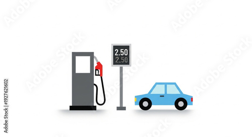 Blue car near gas pump with price sign, ready for refueling and travel.
