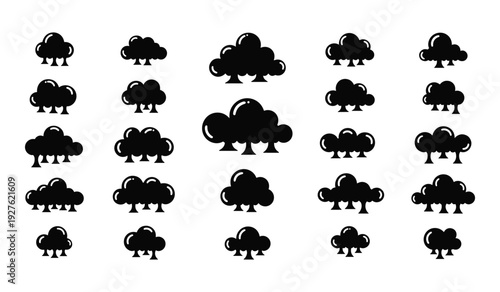 Collection of black silhouettes of various tree shapes and types trees variety