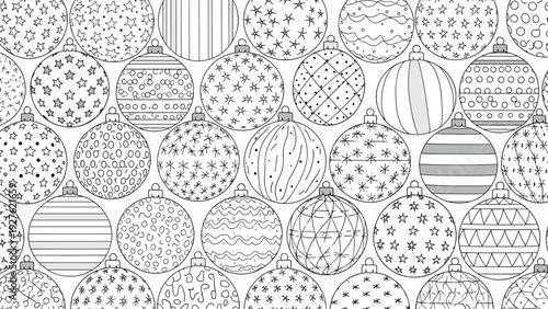 Dense pattern of various Christmas baubles with different decorative designs shown in black and white line art style.