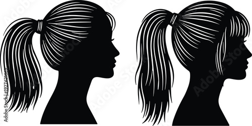 Female head silhouette with ponytail hairstyle, side view woman profile isolated on white background vector illustration set