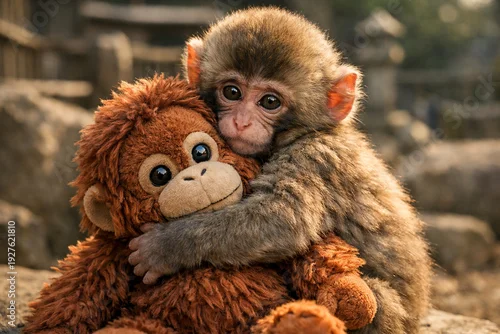 Obraz Baby Japanese macaque monkey hugging a plush orangutan toy, emotional expression, cinematic lighting, soft sunlight, shallow depth of field, Japanese zoo environment background, natural fur detail, he