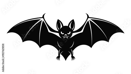 Black silhouette of a bat with large spread wings and fangs shown in a classic spooky halloween style on white.