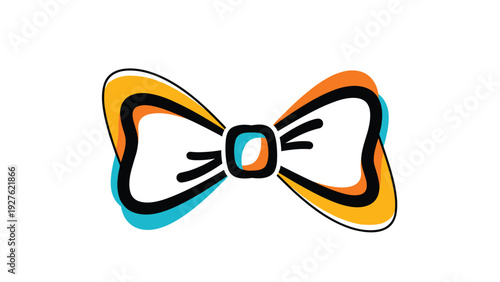 Cute stylized bow tie illustration with thick black outlines and orange and blue accents on a white background.