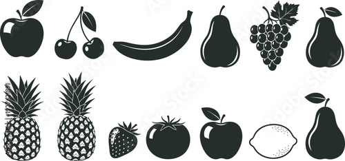 Black fruit silhouette icons set including apple, cherry, banana, pear, grape, pineapple, strawberry, tomato, lemon on white background, vector illustration.