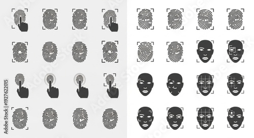 Fingerprint and facial recognition icons representing security and identification.