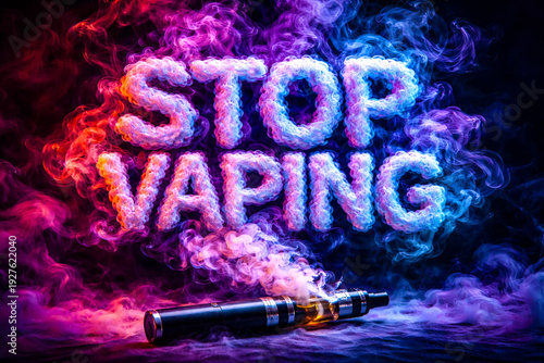 Stop Vaping Message with E-Cigarette and Colorful Smoke