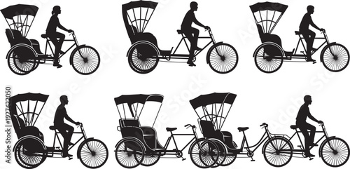 Black silhouette icons of traditional cycle rickshaws with drivers and passengers isolated on white background, Asian transport vector illustration set.