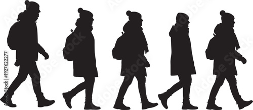 Black silhouettes of people walking in winter clothing with backpacks and hats, isolated on white background, outdoor winter activities, vector.