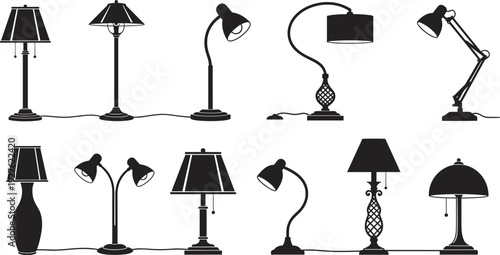 Black table lamp silhouette icons set including desk lamps, bedside lights, office lighting, vintage lamps, modern fixtures on white background, vector illustration.