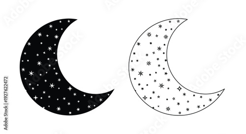 Two crescent moons with stars one dark and one light