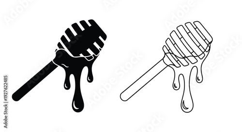 Two honey dipper illustrations one solid black one outlined with drips