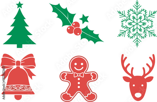 Christmas holiday icons set, winter celebration symbols, gingerbread man, reindeer, snowflake, holly berry, xmas bell, cad drawing flat vector illustration, seasonal