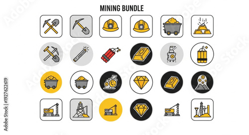 Mining Bundle - Collection of Icons Depicting Tools, Equipment, and Resources.