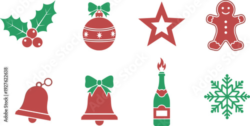 Christmas holiday icons set, winter celebration symbols, gingerbread man, snowflake, holly berry, champagne bottle, cad drawing flat vector illustration, festive