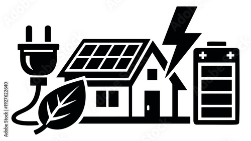 Solid glyph renewable energy set featuring a house with solar panels, a power plug, a leaf, and a battery for green technology and sustainability