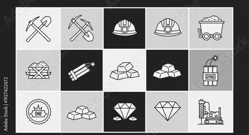 Mining tools and equipment, including pickaxes, helmets, and diamonds, are shown.