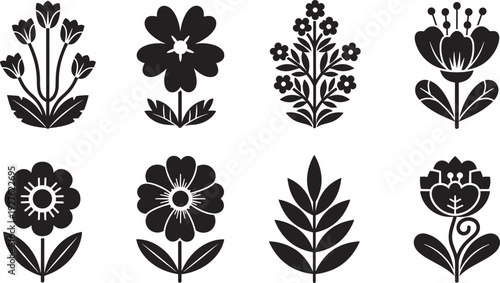 Flower icons set, floral botanical plant silhouettes, nature blossom symbols, garden leaf elements, cad drawing flat vector illustration, organic decoration