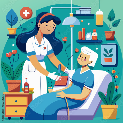 Nurse Caring for Elderly Patient Healthcare Flat Vector Illustration