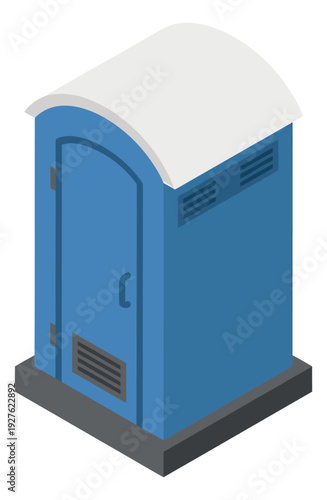 Isometric illustration of a portable toilet depicting a blue temporary restroom facility for outdoor events