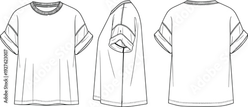 Men oversized t shirt vector illustration, rolled sleeve tee front side and back view fashion design template