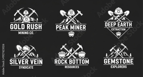 Vintage mining logos with pickaxes, shovels, and mountains for design.