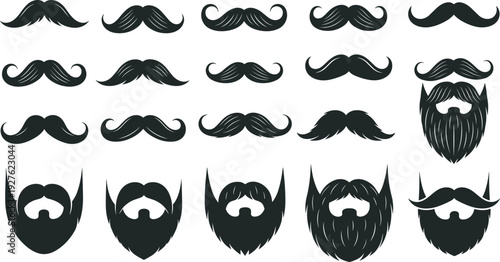 Mustache and beard silhouette set, male facial hair styles, barber shop grooming symbols, cad drawing flat vector illustration, masculine identity