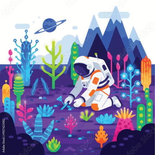 Astronaut in Space Suit Exploring Alien Planet.