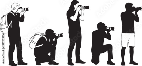 Photographer silhouette set, cameraman taking photos, media press paparazzi poses, digital photography hobby, cad drawing flat vector illustration, professional shooting