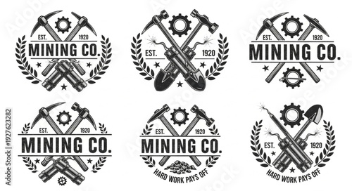 Vintage mining company emblems featuring crossed tools and laurel wreaths.