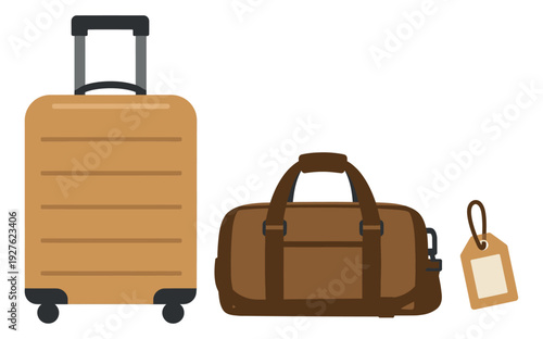 Modern travel luggage set featuring a rolling suitcase, duffel bag, and tag for holidays
