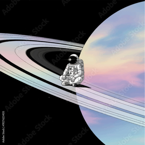 Astronaut Sitting on Saturn Ring Structure.